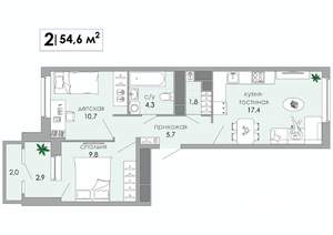 2-к квартира, вторичка, 55м2, 8/12 этаж