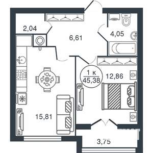 1-к квартира, вторичка, 45м2, 13/15 этаж