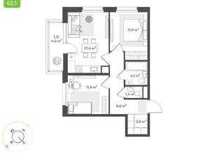 2-к квартира, вторичка, 59м2, 9/17 этаж
