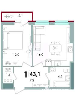 1-к квартира, вторичка, 43м2, 7/16 этаж