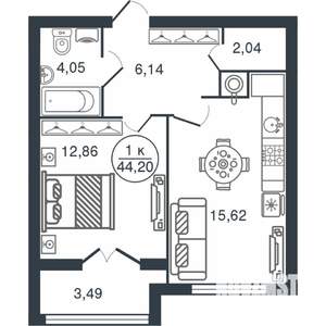 1-к квартира, вторичка, 44м2, 4/15 этаж