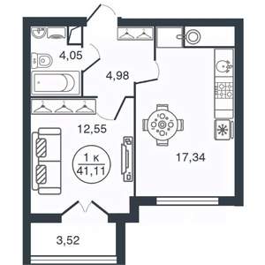 1-к квартира, вторичка, 41м2, 11/15 этаж