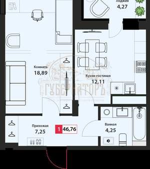 1-к квартира, сданный дом, 47м2, 11/22 этаж