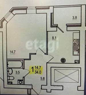 1-к квартира, вторичка, 38м2, 2/10 этаж
