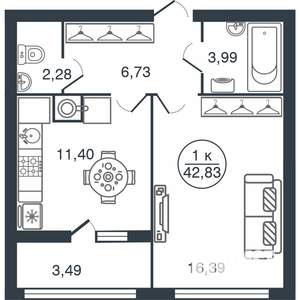 1-к квартира, вторичка, 43м2, 2/15 этаж