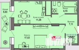 1-к квартира, вторичка, 45м2, 19/24 этаж