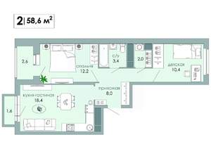 2-к квартира, вторичка, 59м2, 8/12 этаж