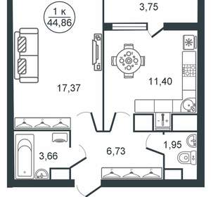 1-к квартира, вторичка, 45м2, 13/16 этаж