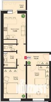 2-к квартира, вторичка, 68м2, 21/22 этаж