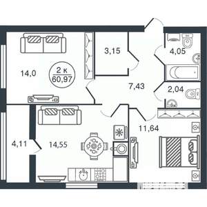 2-к квартира, вторичка, 61м2, 6/15 этаж
