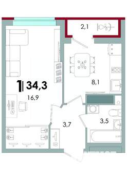 1-к квартира, вторичка, 34м2, 4/16 этаж