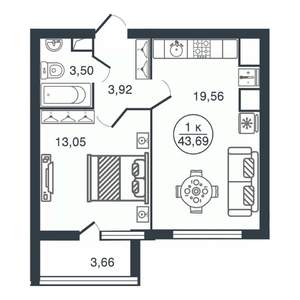 1-к квартира, вторичка, 44м2, 8/16 этаж