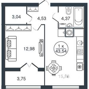1-к квартира, вторичка, 44м2, 8/15 этаж