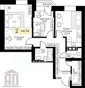 2-к квартира, вторичка, 65м2, 2/17 этаж