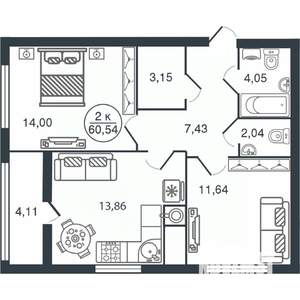 2-к квартира, вторичка, 61м2, 12/15 этаж