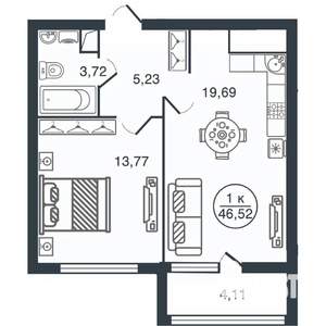 1-к квартира, вторичка, 47м2, 6/16 этаж