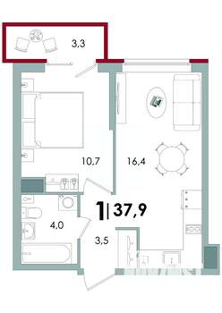 1-к квартира, вторичка, 38м2, 4/15 этаж