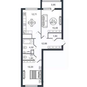 2-к квартира, вторичка, 64м2, 11/16 этаж