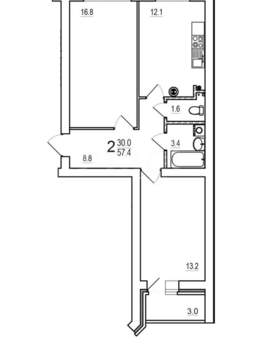 2-к квартира, сданный дом, 57м2, 2/10 этаж