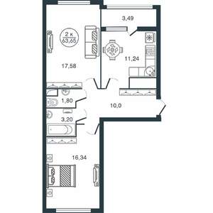 2-к квартира, вторичка, 64м2, 8/12 этаж