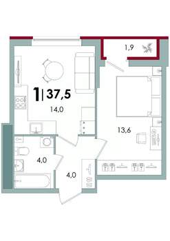 1-к квартира, вторичка, 38м2, 4/15 этаж