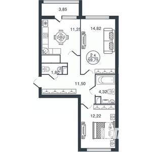 2-к квартира, вторичка, 60м2, 8/16 этаж