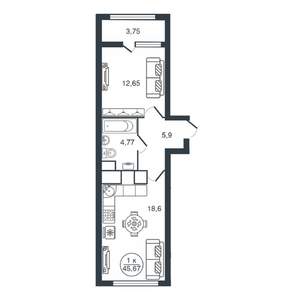 1-к квартира, вторичка, 46м2, 4/16 этаж