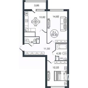 2-к квартира, вторичка, 59м2, 10/16 этаж