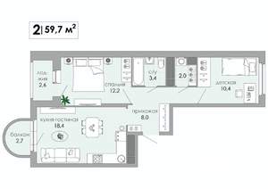 2-к квартира, вторичка, 60м2, 9/12 этаж