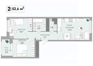 2-к квартира, вторичка, 53м2, 11/12 этаж
