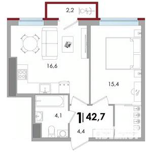 1-к квартира, вторичка, 43м2, 4/16 этаж