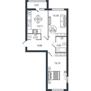 2-к квартира, вторичка, 65м2, 7/15 этаж