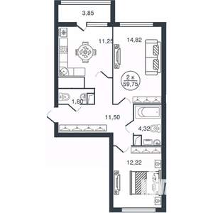 2-к квартира, вторичка, 60м2, 5/16 этаж