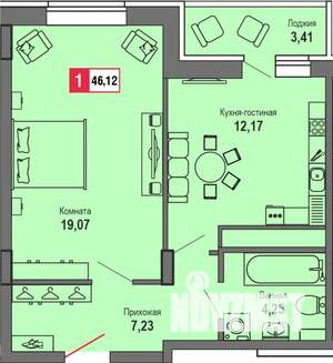 1-к квартира, строящийся дом, 46м2, 19/22 этаж