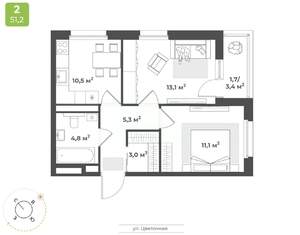 2-к квартира, вторичка, 50м2, 13/18 этаж