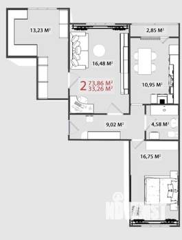 3-к квартира, сданный дом, 74м2, 9/14 этаж