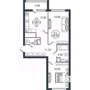 2-к квартира, вторичка, 59м2, 12/16 этаж