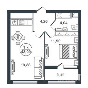 1-к квартира, вторичка, 43м2, 14/16 этаж