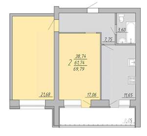 2-к квартира, строящийся дом, 70м2, 9/9 этаж