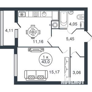 1-к квартира, вторичка, 43м2, 3/15 этаж